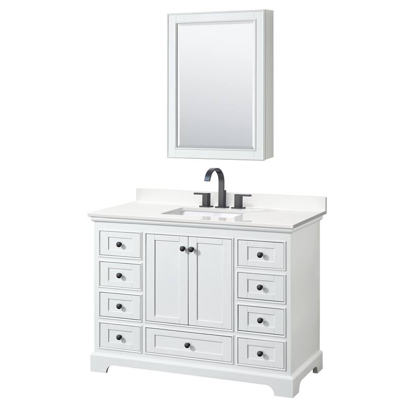 Deborah 48-inch Single Vanity, Quartz Top, Medicine Cabinet - White, Black Trim, White Quartz Top