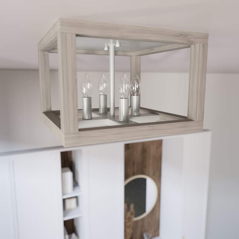 Hunter Squire Manor 4-Light Flush Mount - Modern Farmhouse, Transitional - Damp Rated! - Brushed Nickel-Bleached Wood