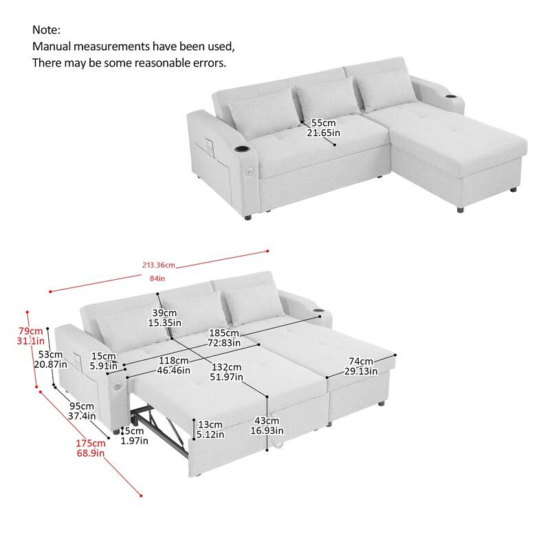84"Adjustable Backrest Sofa Bed,3 in 1 Linen Sleeper with USB Ports & Cup Holders,Pull Out Couch Bed with Storage Chaise