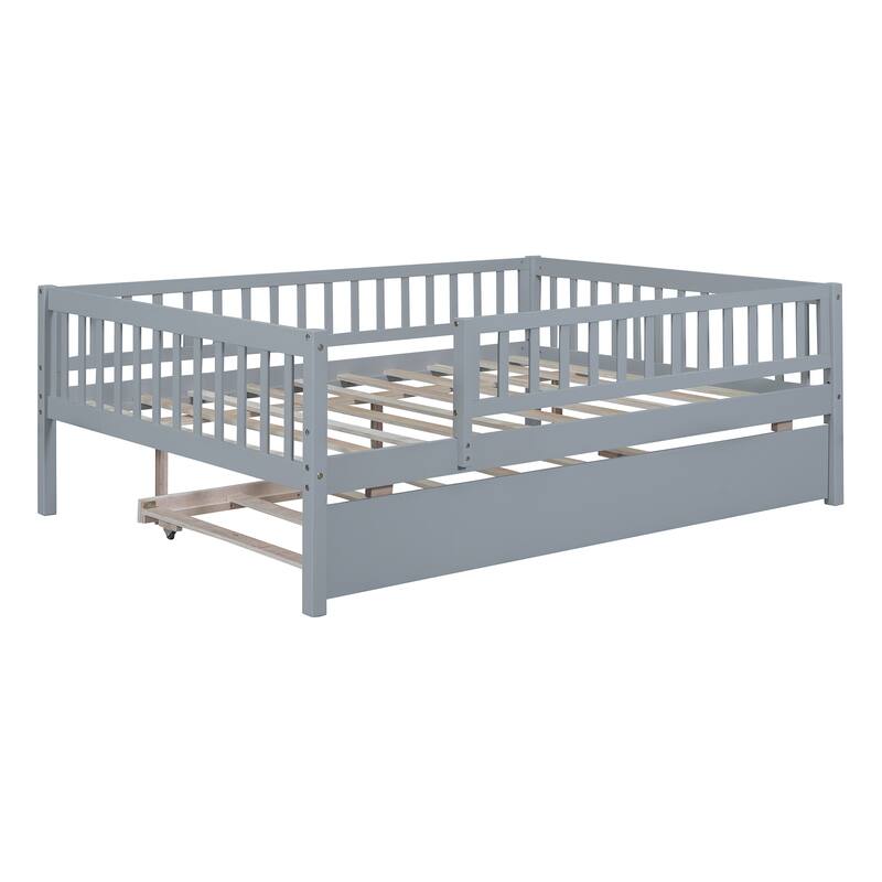 Full Size Wood Daybed with Trundle and Safety Guardrails, Space-Saving Design
