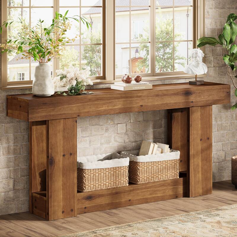 63 Inch Long Solid Wood Console Sofa Table with 2-tier Storage