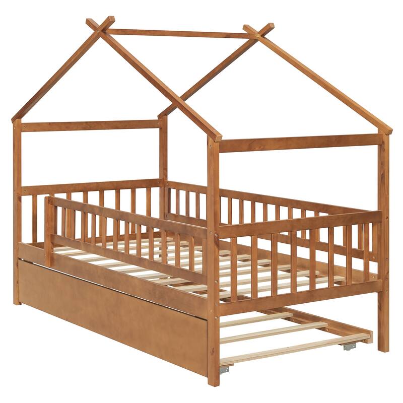 Twin Size Wooden House Bed with Twin Size Trundle