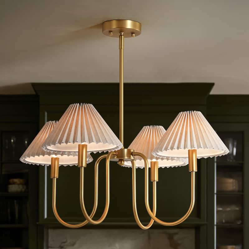 4-Light Mid-Century Modern Chandelier in Brushed Gold/Matte Black Chandelier with Pleated Shades for Living Room