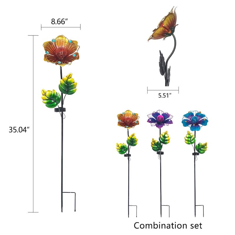 Adeco Set of 3 Solar LED Metal Flowers Garden Stakes