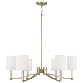 40" W x 18.5" H 6-Light Chandelier in Matte Brass with Clear Acrylic Accents and Cylindrical White Fabric Shades - 32"W x 10.5"H