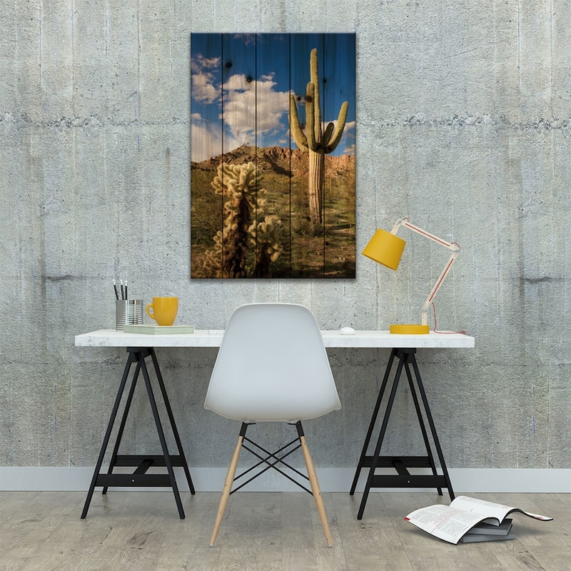Saguaro Cactus In Desert, Arizona Print On Wood by Tom Vezo - Multi-Color