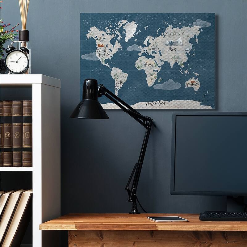 Stupell Vintage Blue World Map Nautical Cloud Details Canvas Wall Art Design By Becky Thorns