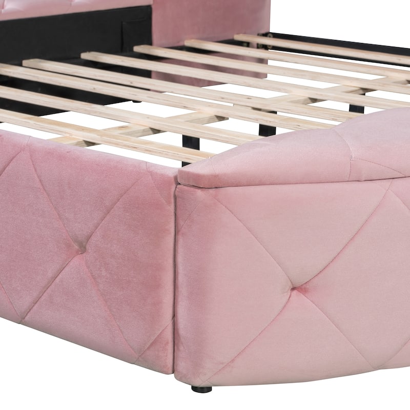 Low Profile Bed Queen Size Velvet Upholstered Platform Bed with Wingback Headboard, Big Drawer and 2 Semicircle Side Stools