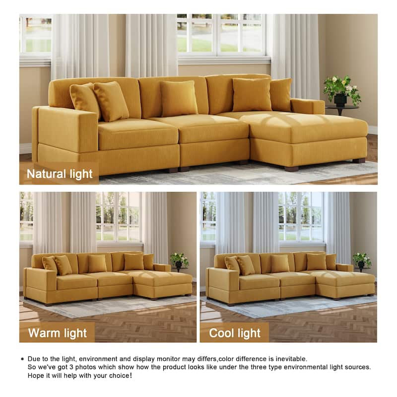 Modern L-Shaped Corduroy Modular Sectional Couch Sofa with Pillows