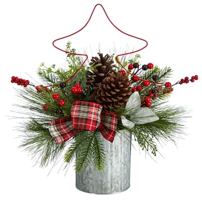 17in. Pinecone & Berries Artificial Christmas Arrangement with Metal Vase - Decorative Holiday X-Mas Centerpiece