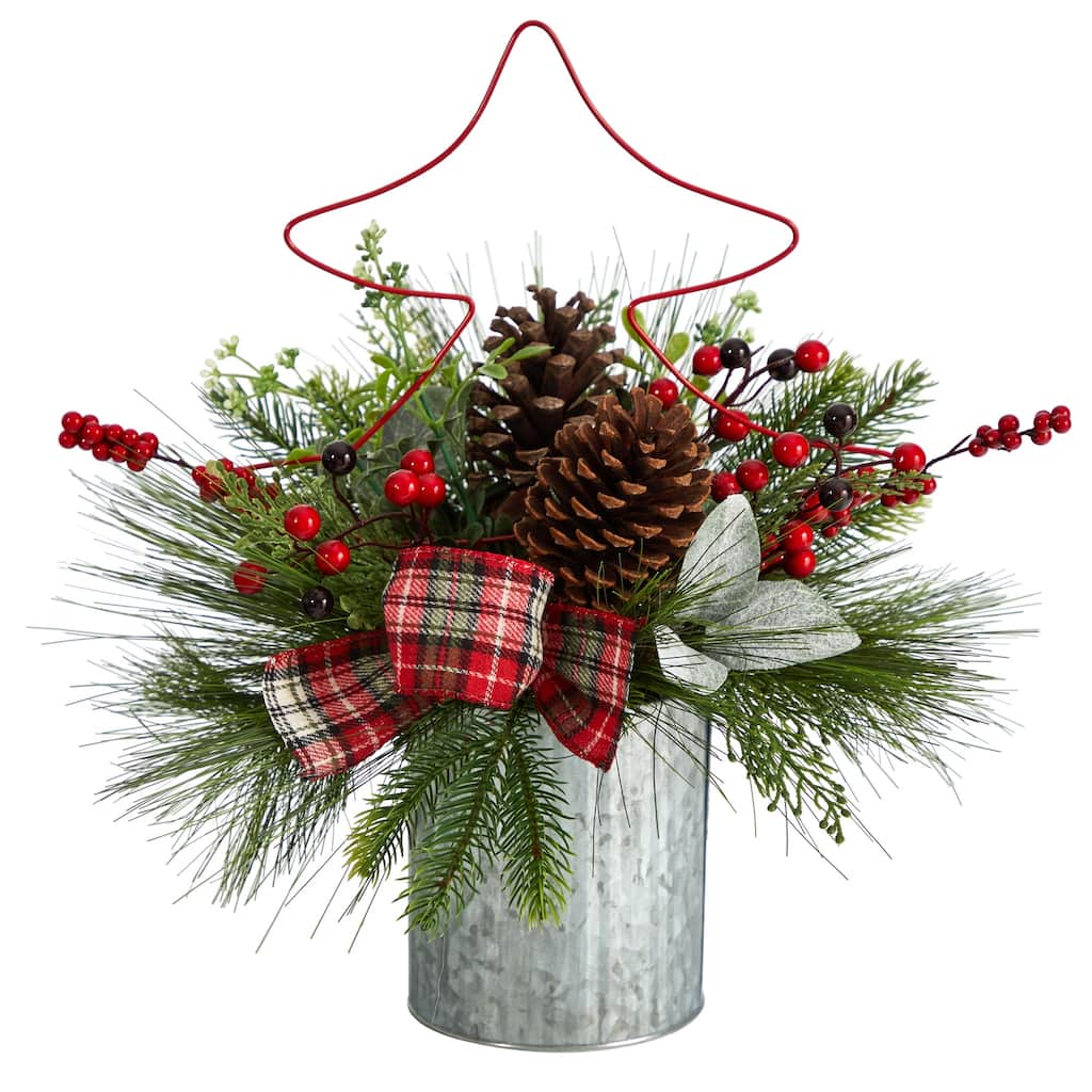 17in. Pinecone & Berries Artificial Christmas Arrangement with Metal Vase - Decorative Holiday X-Mas Centerpiece