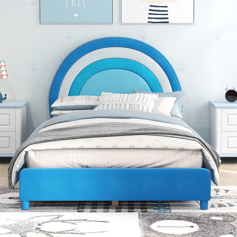 Gymax Kids Twin Platform Bed Frame Upholstered Twin Size Bed w/ Wooden