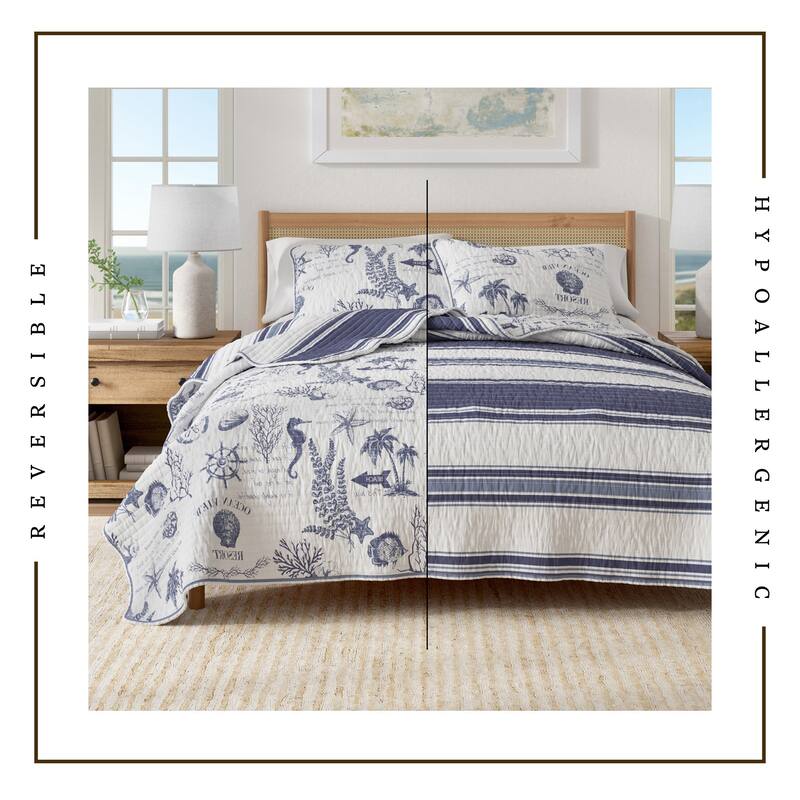 Linery & Co. Cotton Stitched Reversible Coastal 3 Piece Quilt and Sham Set