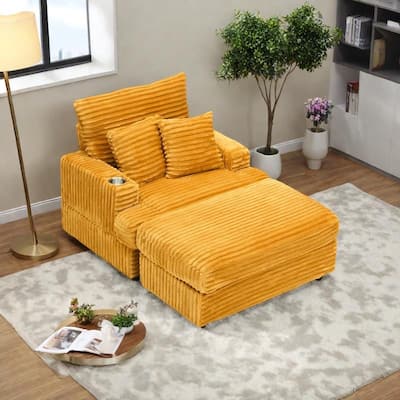 Corduroy Armchair Ottoman Set with Cup Holder, Spring Cushion and 2 Throw Pillows