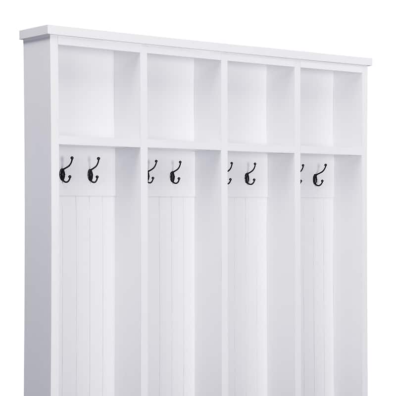 Farmhouse 59"W Hall Tree with 8 Hooks, 3-in-1 Entryway Bench with Open Storage for Coats and Shoes, 76.7" H Wood Mudroom Rack