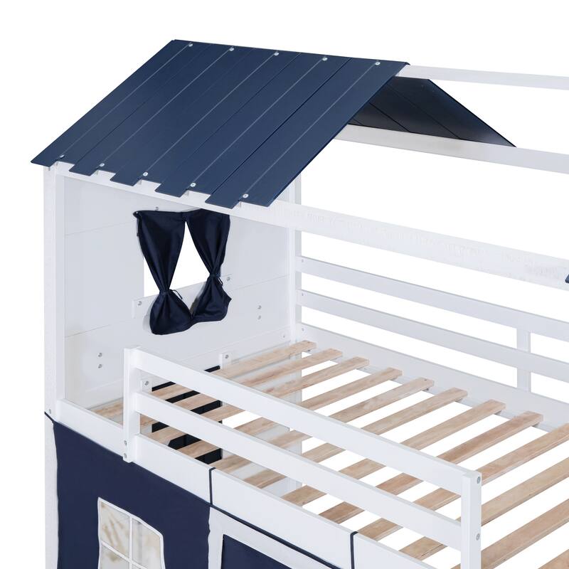 SpaceSaving Bunk Bed with Tent, Wood Playhouse Bunk Bed with Ladders