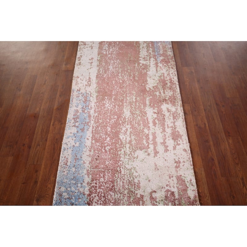 Hand Knotted Oriental 100% Wool Carpet Modern All-Over Multi-Colored Abstract Runner Rug - 8' 8'' X 2' 4''