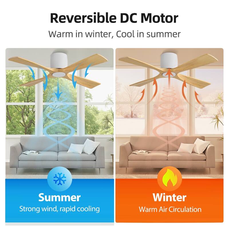 MLiAN 4 Soild Wood Blades Flush Mount Ceiling Fan Remote Control 6-Speed DC