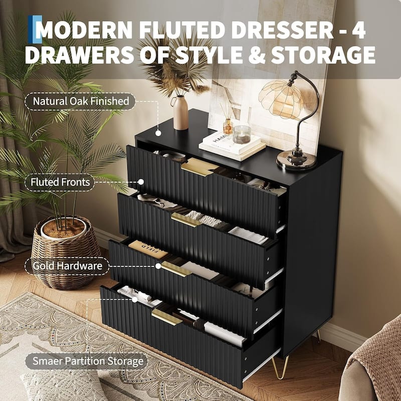 32" Wide Modern Fluted Dresser for Bedroom with 4 Drawers