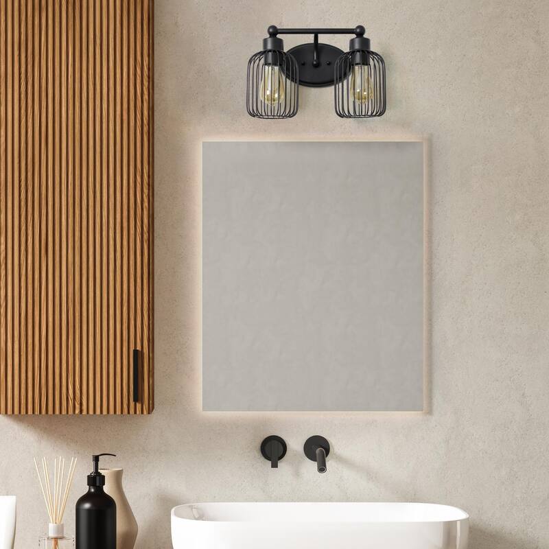Open Cage Industrial 2-Light Uplight Downlight Vanity Wall Sconce - 14" - Black