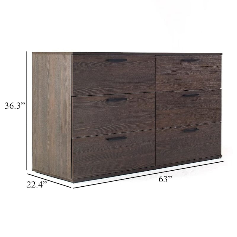Moru Dresser, 63 Inch, 6 Drawers, Brown Wood Grain Finished Details