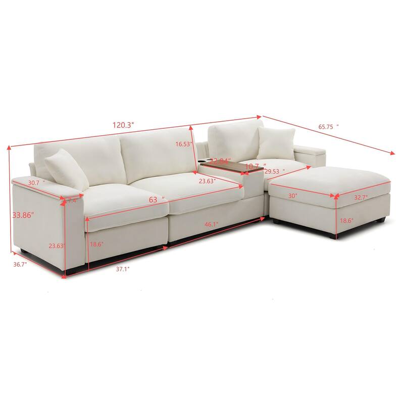 120.3" L-Shaped Sectional Sofa with Wide Seats, USB Charging, Foldable 360掳 Tray, Cup Holders, Storage Ottoman & Armrest