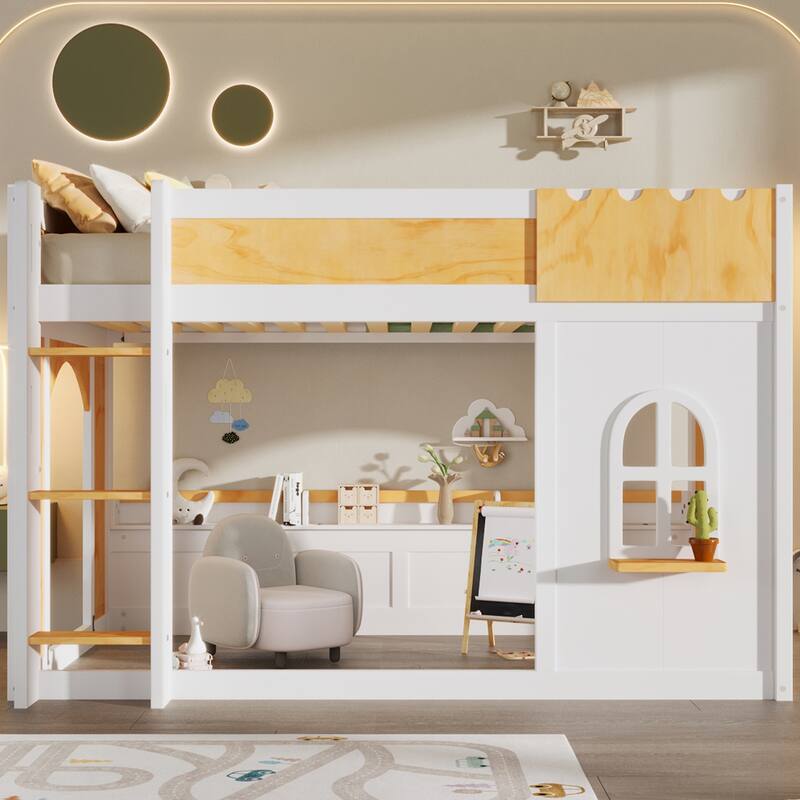 GDFStudio - Wood Bunk Bed with Storage Shelves, Window and Dual Doors