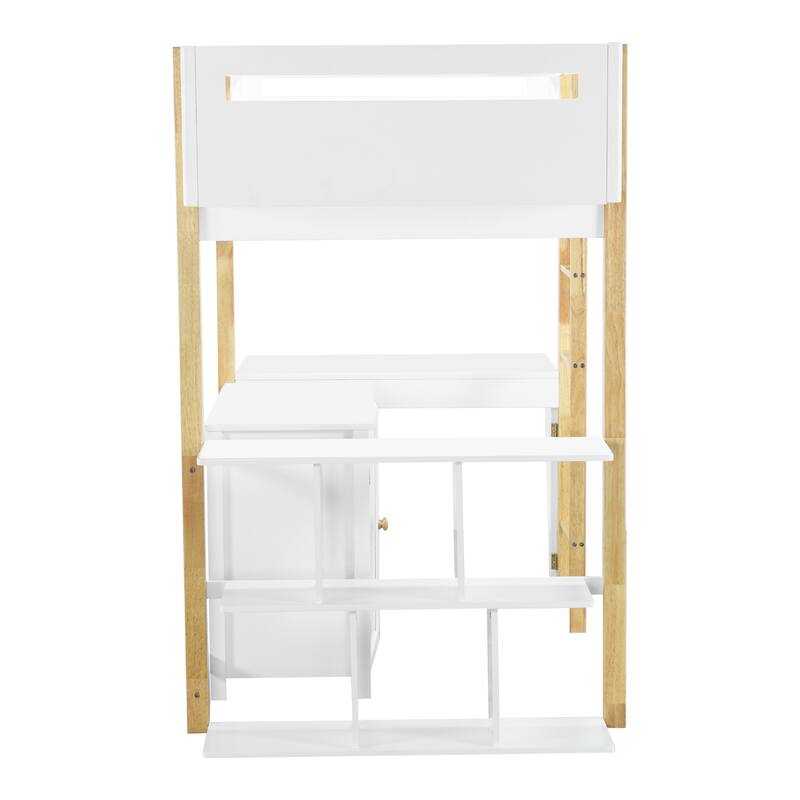 Solid Wood Loft Bed With Built-in Storage Cabinet and Cubes, Foldable desk