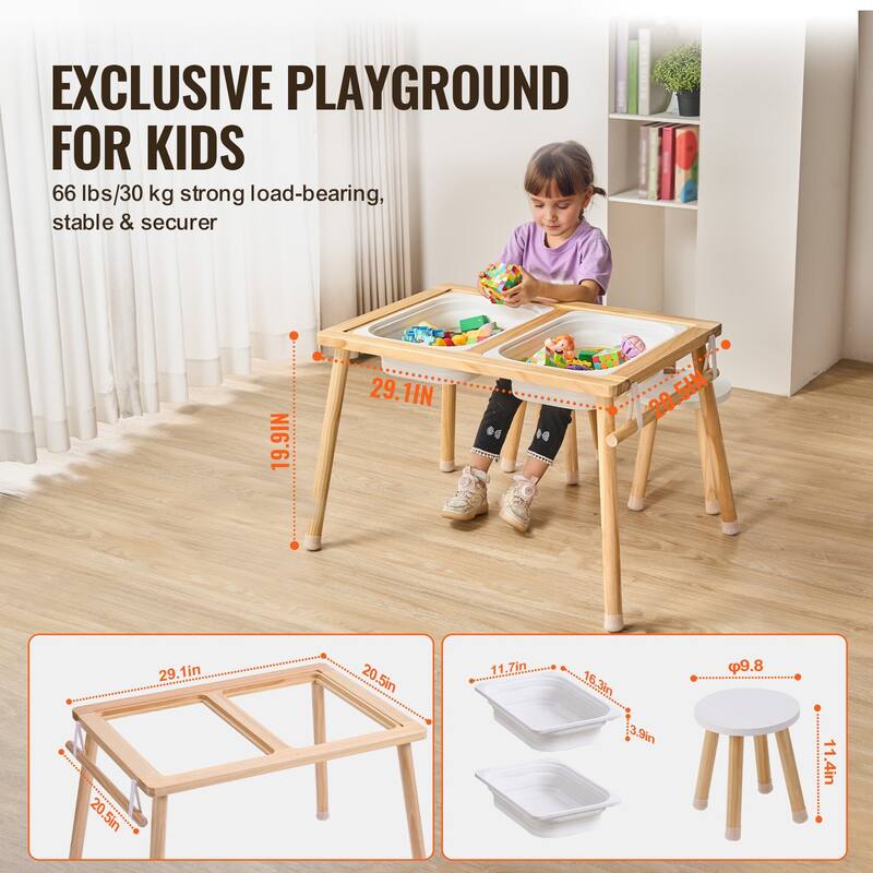 Natural Wood Pine Sensory Table Set with Stools & Storage Bins - 32.1" x 23.6" x 19.9"