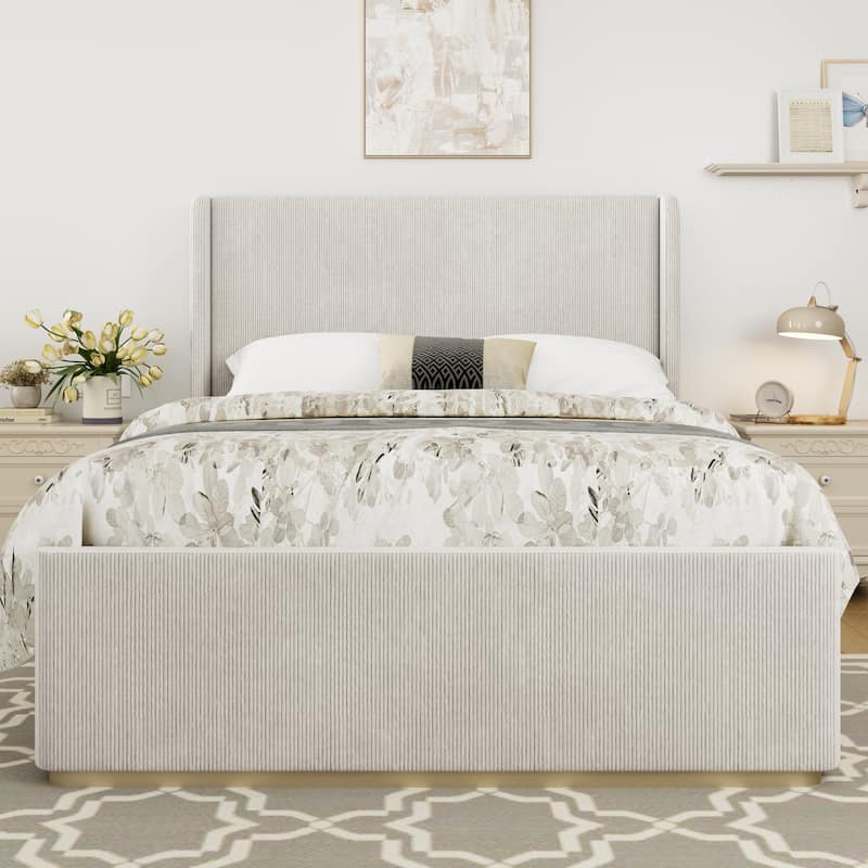 Corduroy Upholstered Platform Bed with Metal Frame Wood Slat Bed, Vertical Stripe Wingback Bed High Footboard Sleigh Panel Bed