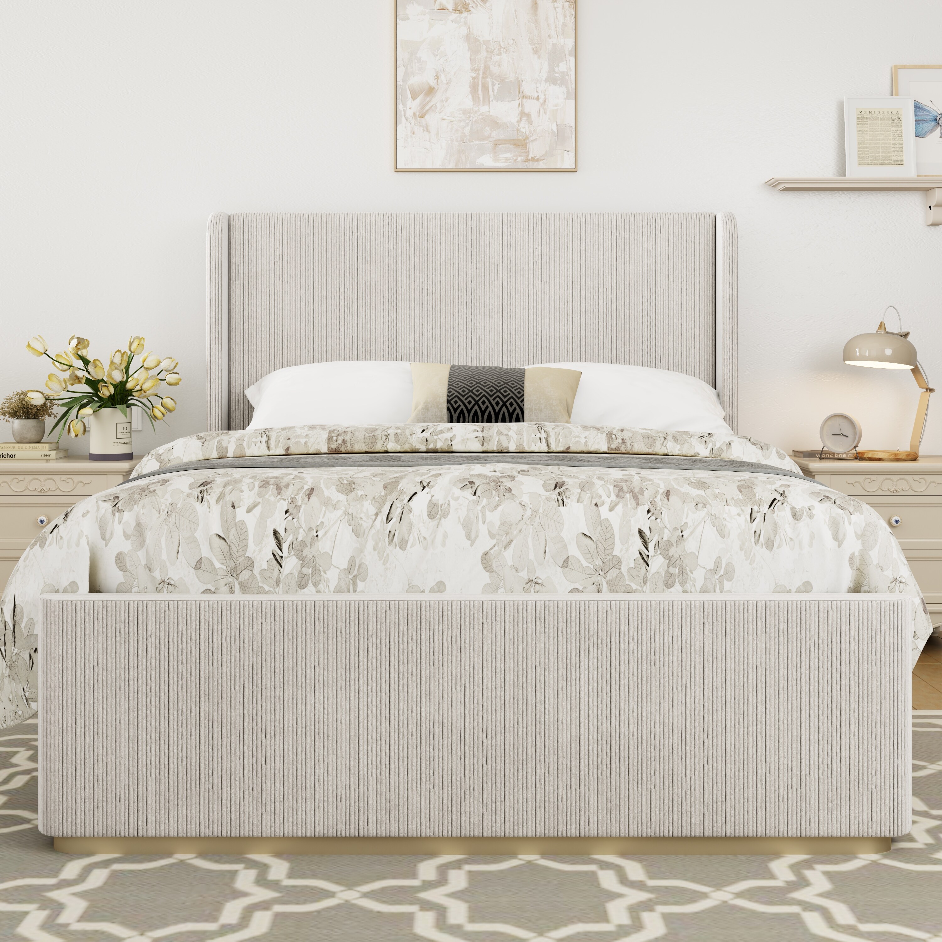 King Size Upholstered Bed with Corduroy Fabric, Wingback Headboard, Metal Frame, and Wooden Slats
