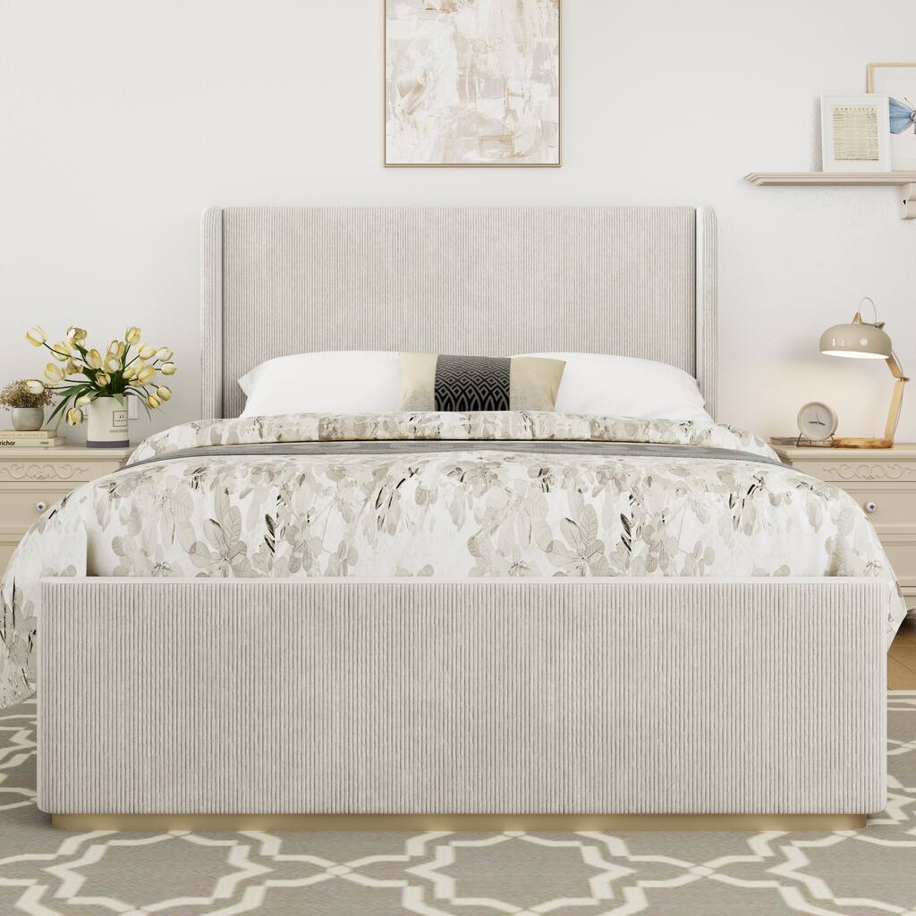 Queen Size Corduroy Upholstered Bed with 47" Wingback Headboard & Metal/Wood Frame (No Box Spring)