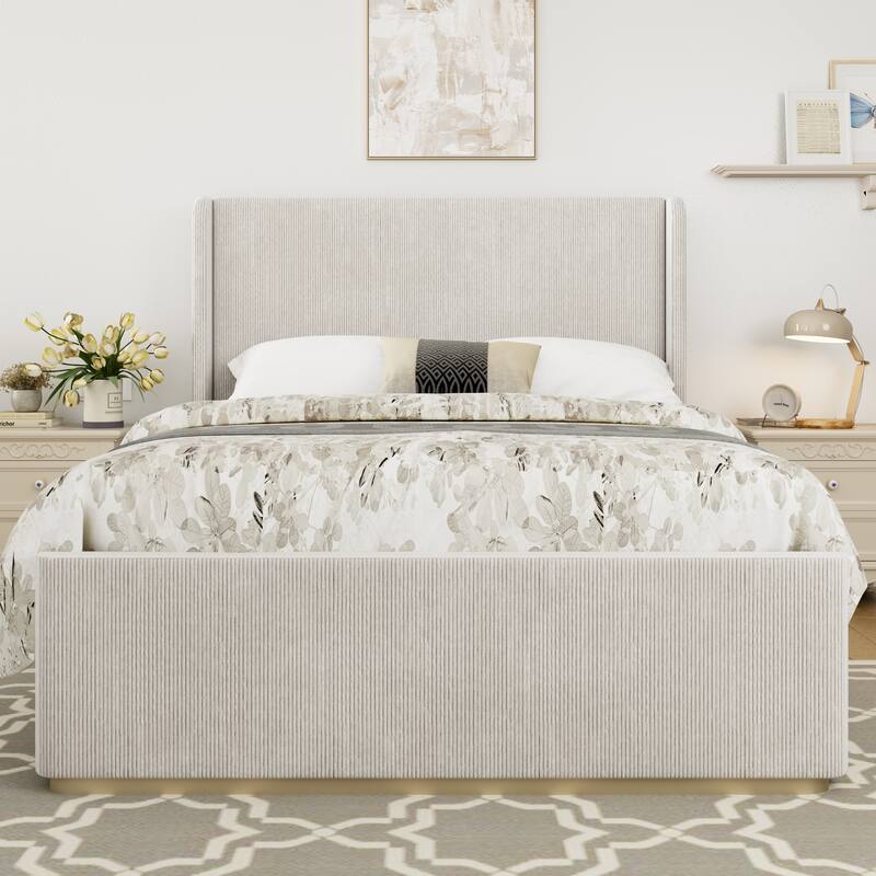 Vertical Stripe Wingback Bed Corduroy Upholstered Bed Frame with High Headboard, Low Profile Platform Bed Light Grey Frame Bed - Light Grey - Queen