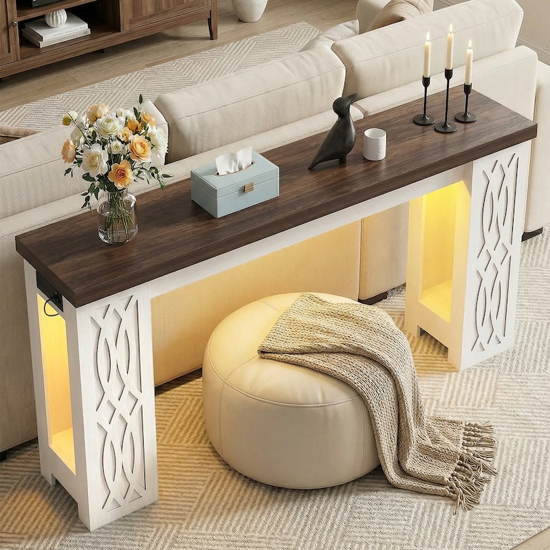 47" Farmhouse Console Table with RGB LED Light ＆ Power Outlets, Unique Carved Design Farmhouse Entryway Table Sofa Table