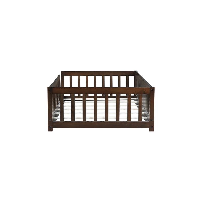 Twin Size Floor Bed with Fence without Door, Rubber Wood Floor Bed with Safety Guardrails