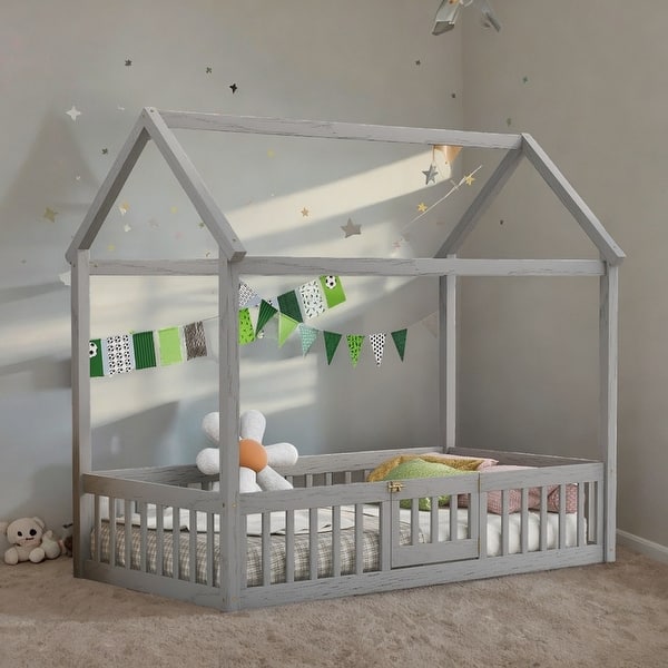 slide 2 of 9, Twin Size Wooden Bed with Safety Fence, House-shaped Bed with Door, Platform Bed with Frame For Kids, Grey Wash Grey - Twin