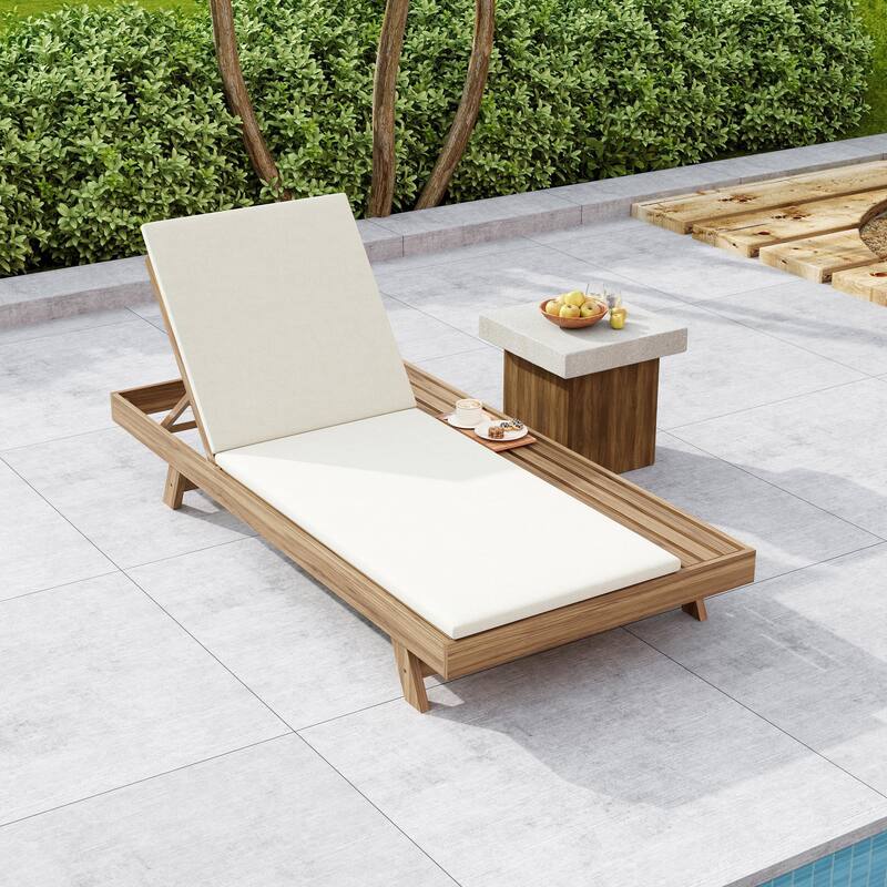 Outdoor Patio Acacia Wood Chaise Lounge Chair with Adjustable Backrest, Side Open Storage and Water-Repellent Cushions