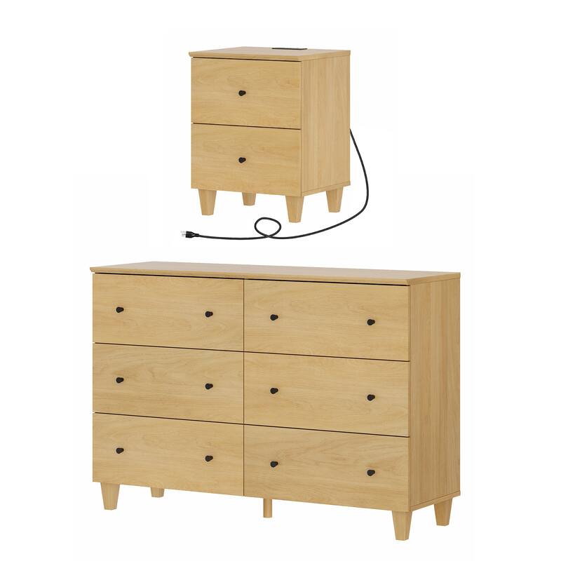 Bedroom 6-Drawer Wood Dresser and Charging Nightstand Set - Oak - 2 Piece