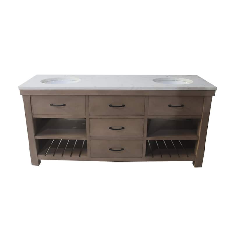 Deluxe natural finish double vanity with 30 mm white marble top 72" W x 22" D x34" H (single hole for faucet) - Brown - Double Vanities