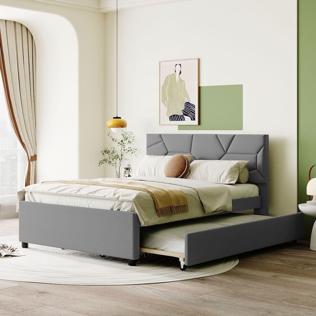 Full Size Upholstered Platform Bed with Brick Pattern Headboard and Twin Trundle, Linen Fabric, Gray