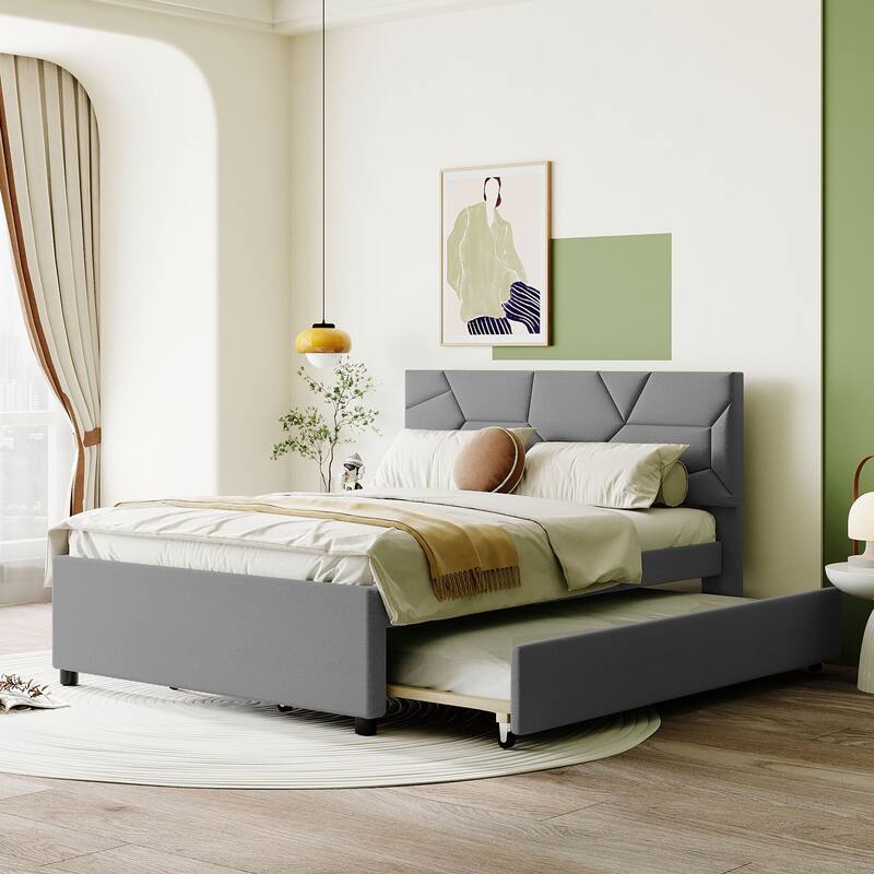 Full Size Upholstered Platform Bed with Brick Pattern Headboard and Twin Trundle, Linen Fabric, Gray - Gray