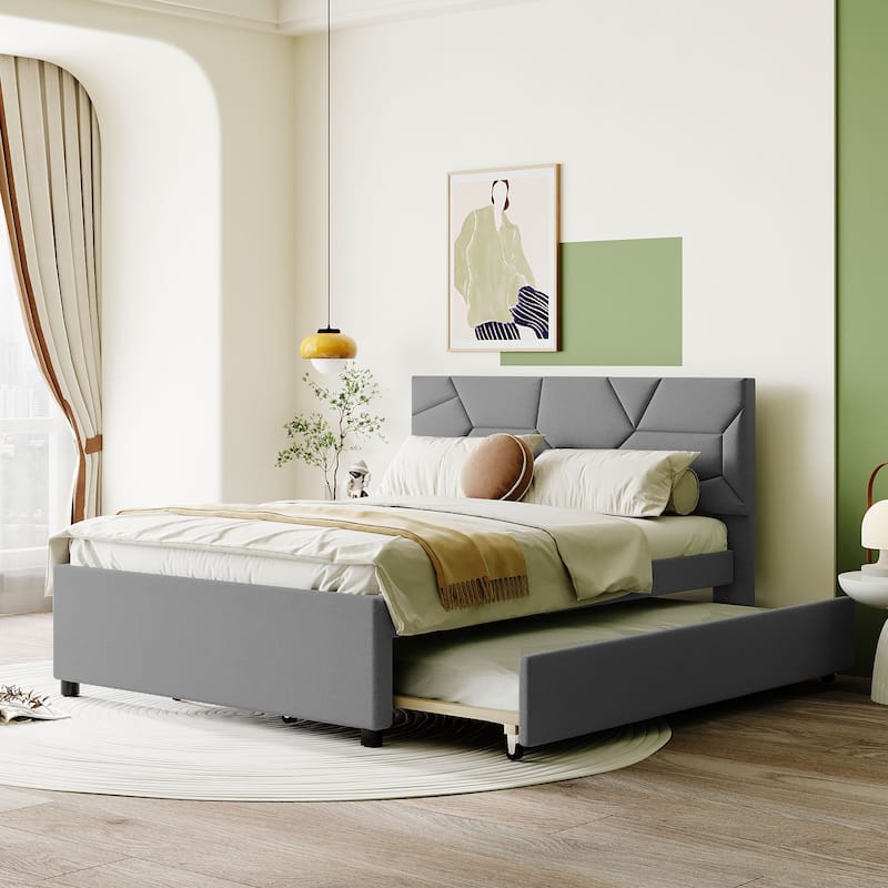 Linen Platform Bed with Trundle and Brick Headboard - Gray - Full