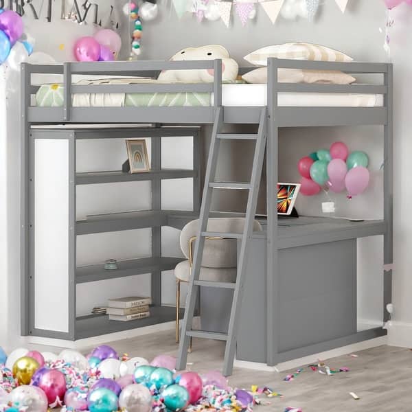 slide 2 of 14, Full Size Loft Bed with Ladder, Shelves and Desk, Space-saving, Grey Grey