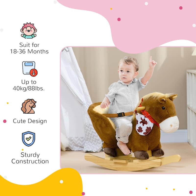 Brown Plush Rocking Horse for Toddlers Ages 18 to 36 Months with Safety Belt and Realistic Sounds - 23.5" L x 13" W x 19.75" H