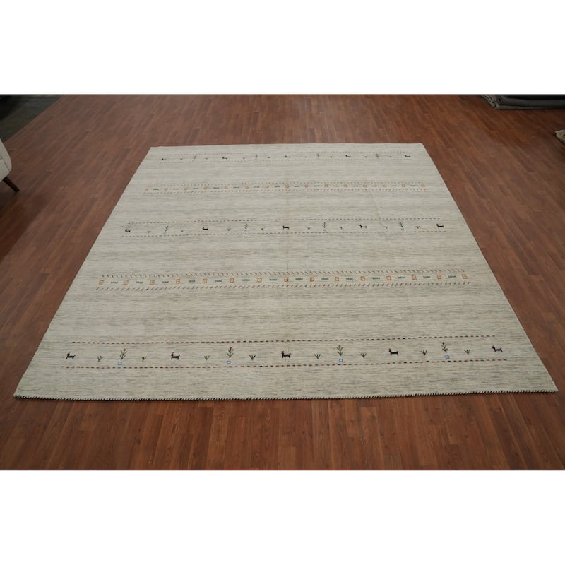 Hand Knotted Oriental 100% Wool Carpet Tribal Animal Pictorial Beige & Ivories Gabbeh Area Rug - 9' 10'' X 9' 9''