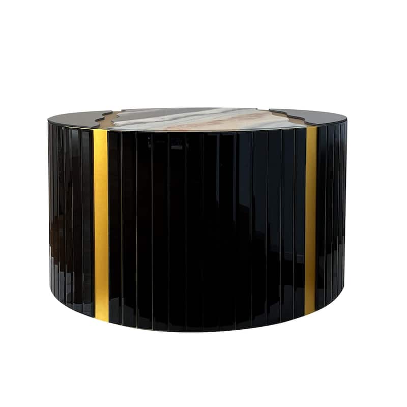 Marble pattern sticker Round Coffee Table, Cylindrical Silver Mirror with Gold Dust Finish, Modern Home Decor Table