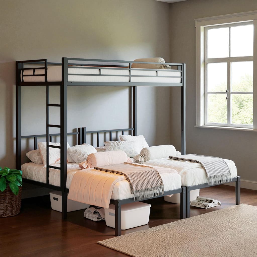 Metal Twin Over Twin Over Twin Triple Bunk Bed with Safety Guardrails, Ladder, Convertible 3 Beds, Heavy-Duty Frame