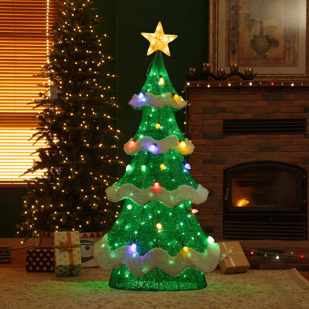 Glitzhome 74.50"H Lighted 3D Mesh Christmas Tree with Colorful Bulbs and 261 Green LED Lights - Christmas Tree