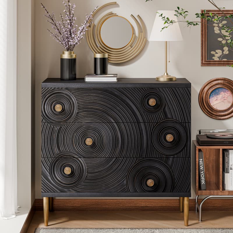 COZAYH Farmhouse Embossed 3 Drawer Dresser with Ring Motif, Distressed Boho Nightstand for Bedroom, Living Room, French Country - Black