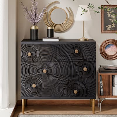 COZAYH Farmhouse Embossed 3 Drawer Dresser with Ring Motif, Distressed Boho Nightstand for Bedroom, Living Room, French Country